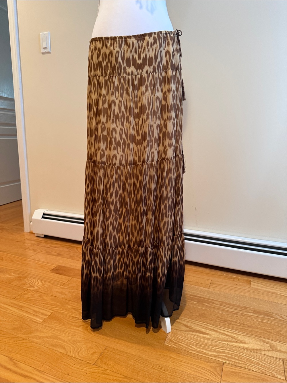 Cache Silk Leopard-Print Maxi Skirt in Brown and Black Ombre ,hidden zipper